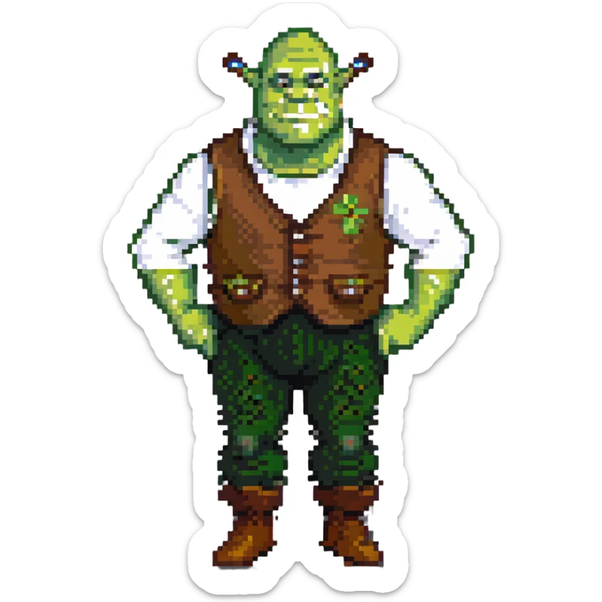 Shrek in pixel art, standing pose, brown vest, white shirt, green skin sticker