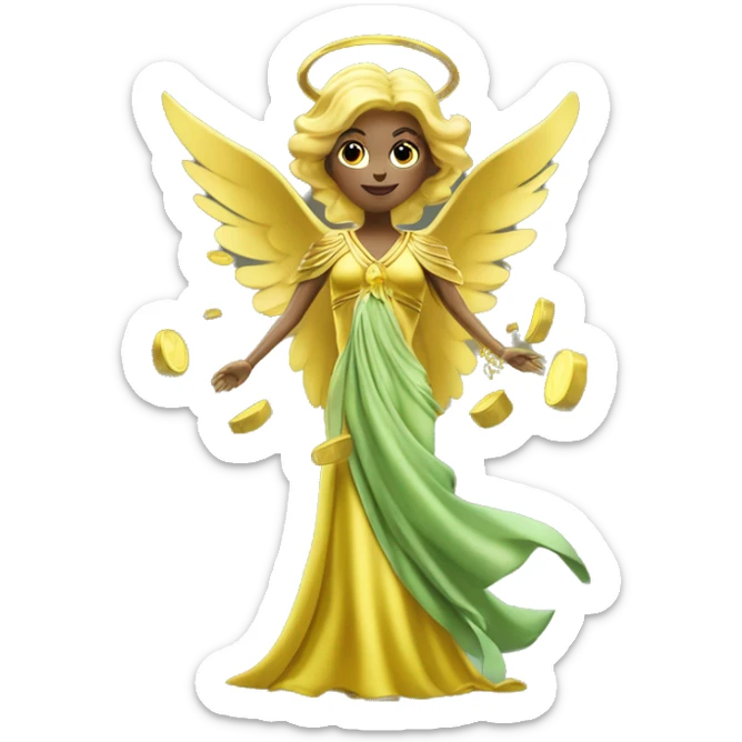 money angel lady in yellow whitish greenish long gown with huge golden wings abundance wealth prosperity sticker