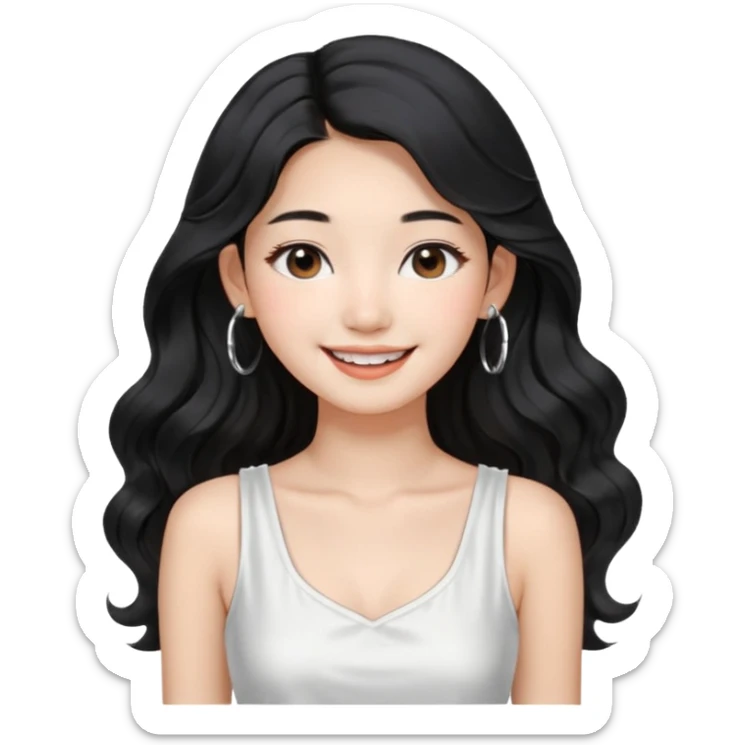 Korean 24-year-old female online shopping mall seller / white face / earrings / smiling expression / long wavy hair / influencer vibe / fashionable / black hair / silver earrings / white dress sticker
