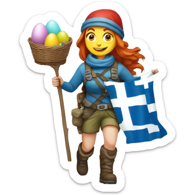 Female winter mountaineer red hair climbing with Greek flag and holding Easter eggs basket sticker