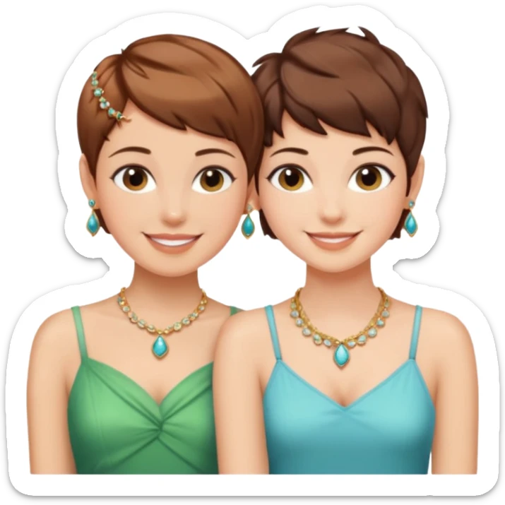 Fair skin and brown colored besties with brown hair pixie cuts wearing jewelry  both brown hair  sticker