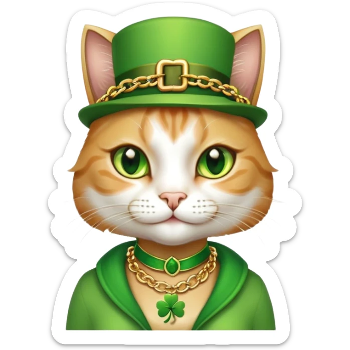 female cat dressed in hip-hop Run DMC style, green outfit, shamrock accessories, gold chains, bling, St. Patrick's Day sticker