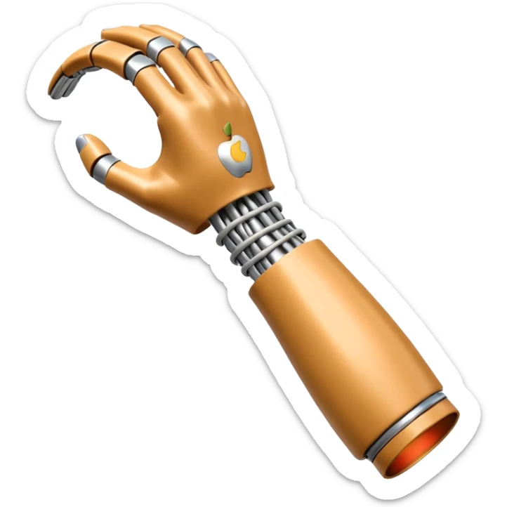 3D render of Bionic Arm, futuristic cyborg aesthetic, fusion of organic skin and chrome metal, polished silver metal arm attached to a tan skin shoulder, exposed wiring, Apple emoji style, isolated on white background --v 6.0. sticker