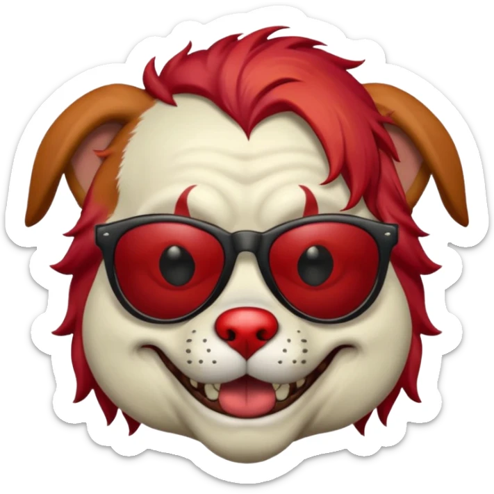 Zombie dog with sun glasses and red hair and joker nose sticker
