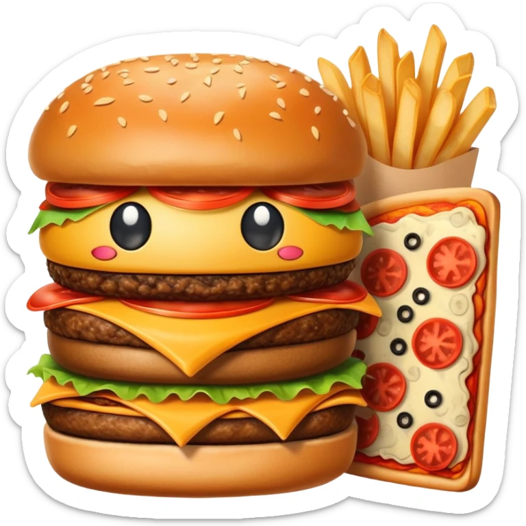 A happy smiling burger next to a pizza slice and french fries sticker