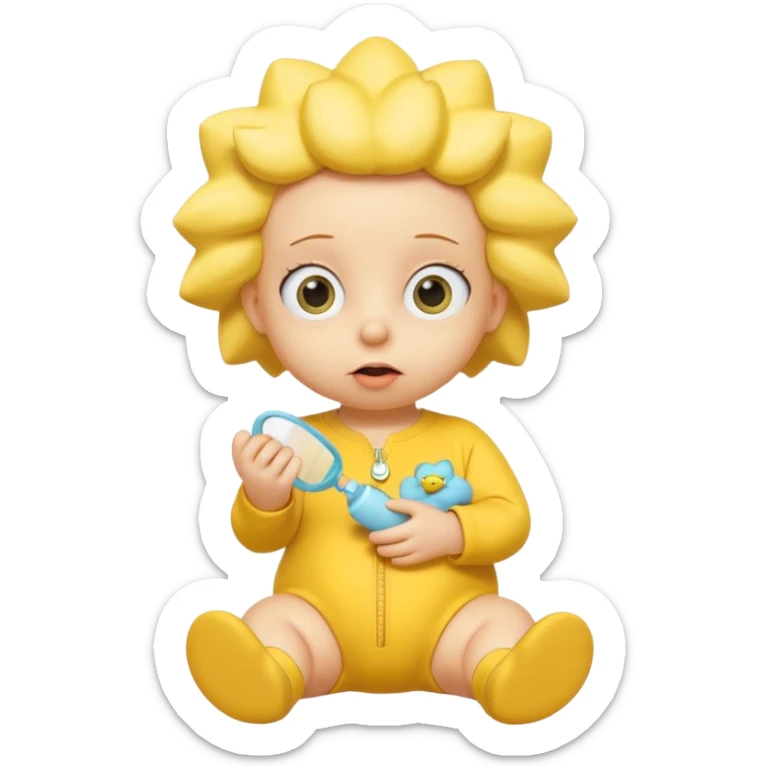 A 3D cartoon baby character yellow, yellow skin, styled like Maggie Simpson, with pacifier, yellow onesie, big eyes, smooth shading, Memoji-style rendering, consistent with other yellow Simpsons characters. sticker