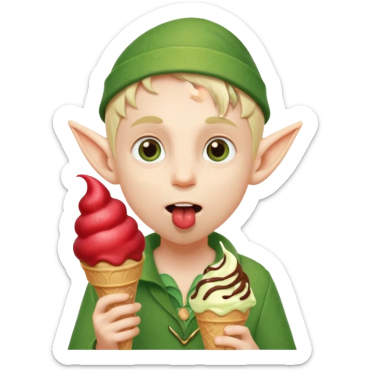 
A young elf boy in leafy clothes licking a triple-scoop ice cream with wide eyes.


A tall elegant elf with long braids enjoying a mint swirl cone under soft light.




 sticker