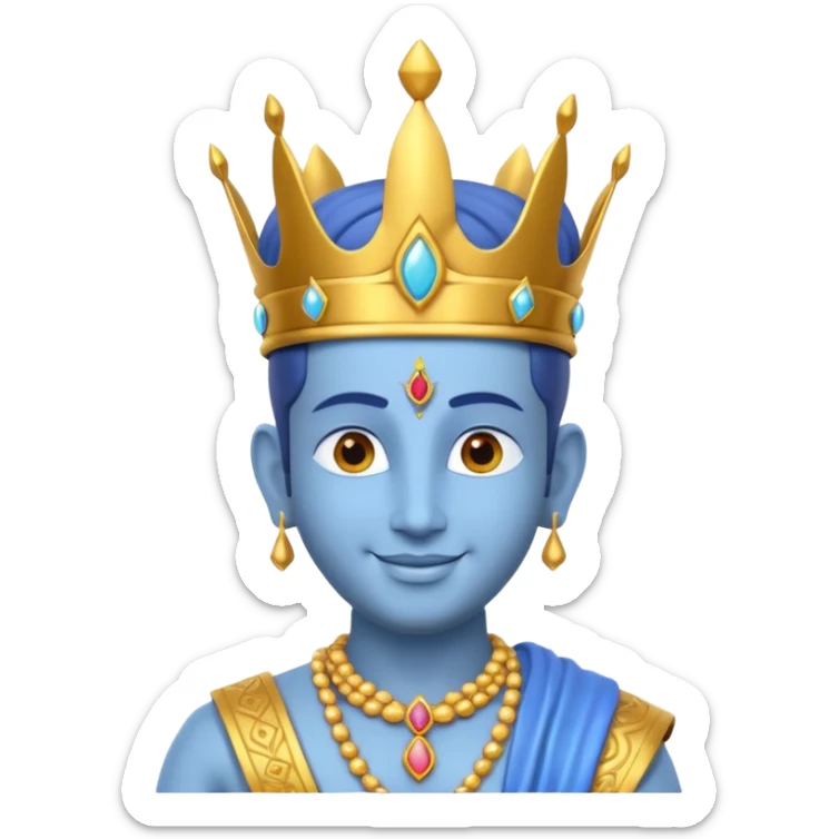 Hindu god Vishnu portrait, head and shoulders only, blue skin, golden crown, sacred jewelry, peaceful smile, divine aura, 3D cartoon, mobile game icon style, clean background, no text, no watermark
 sticker