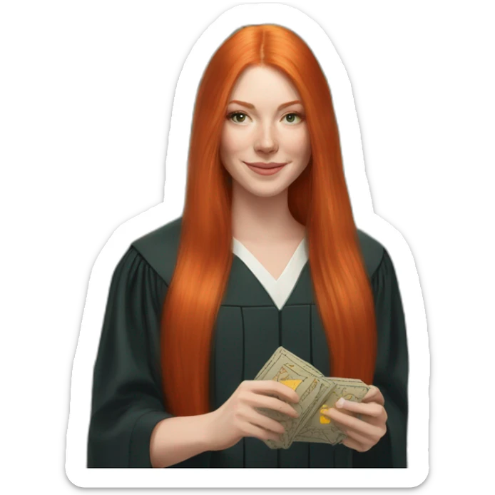 redhead white woman medium long straight hair, celebrating graduation with tarot cards sticker