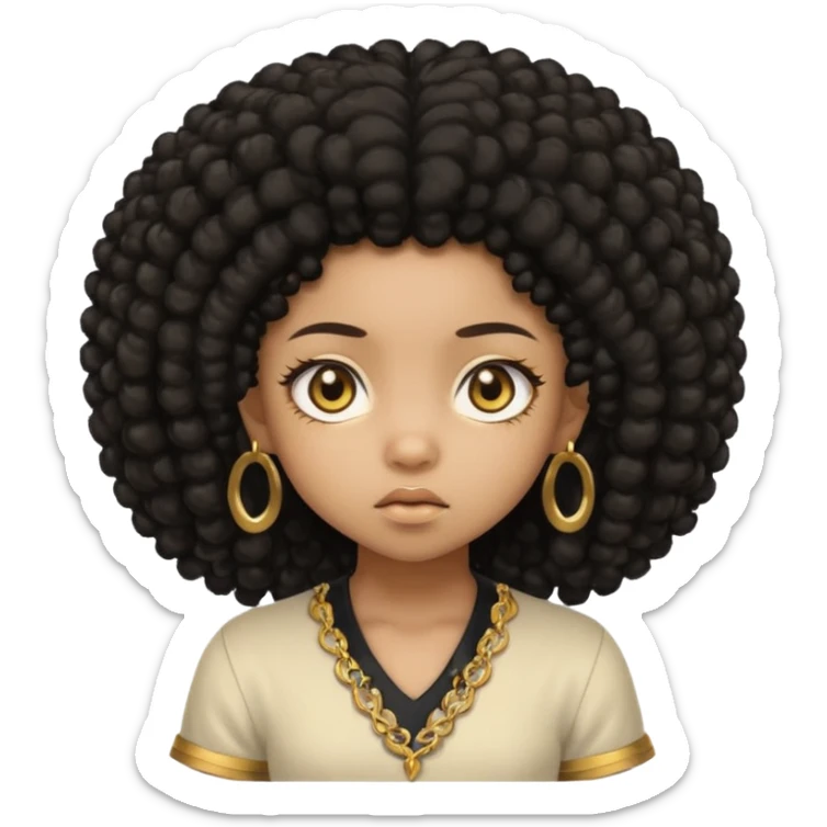 Create a black chibi girl with long afro hair and beautiful gold eyes give her a confusing expression  sticker
