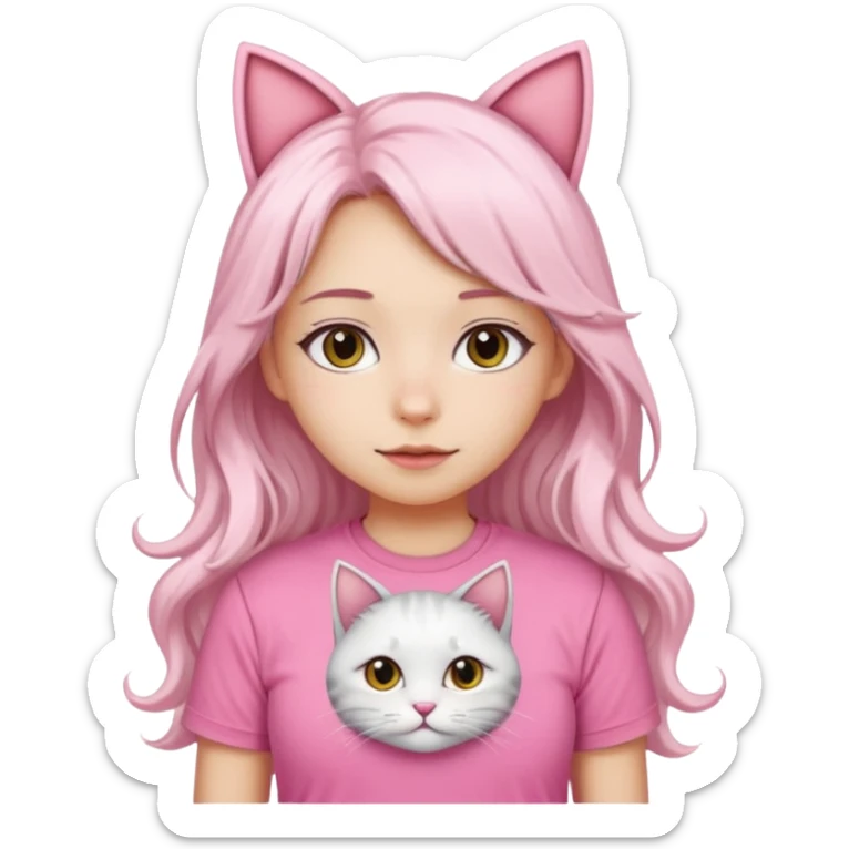 girl with long wavy white hair and cat ears wearing pink tshirt sticker