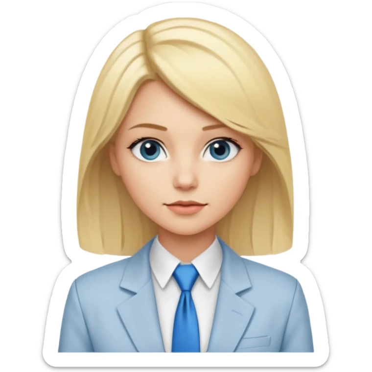 une femme blonde jolie avec des jolies traits avec une chemise blanche et une veste a manche longues et cravate bleu sticker