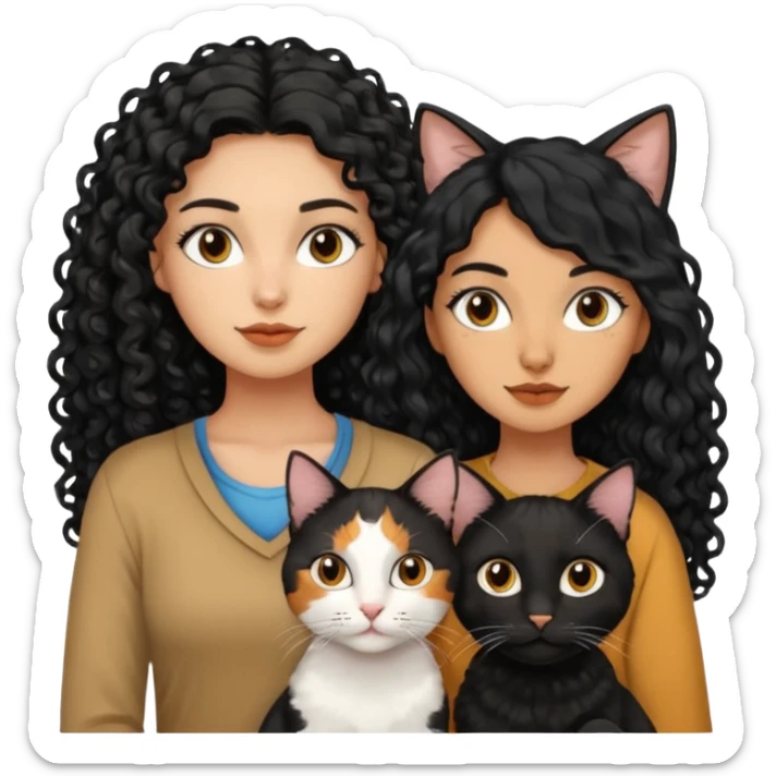 2 mujeres una crespa otra mujer de cabello largo liso negro y 2 gatos uno negro y otro tres colores sticker