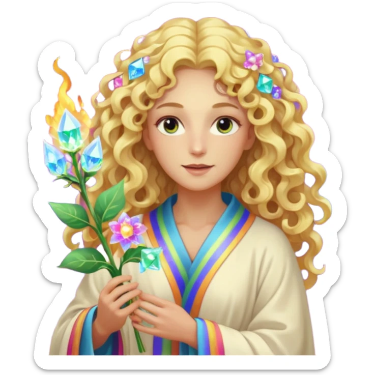 a being made of light pleidian nordic long faces and curly blond hair but beautiful features of light with a robe on made of light and who is lanky holding a bouquet of crystal flowers on rainbow fire sticker
