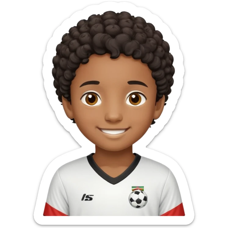 "- Nam
- 10 tuổi
- Da nâu
- Tóc ngắn, xoăn, đen
- Cười tươi
- Mặc áo bóng đá sticker