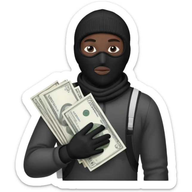 Man one Ski mask holding money bag with black skin color black and white money bag sticker