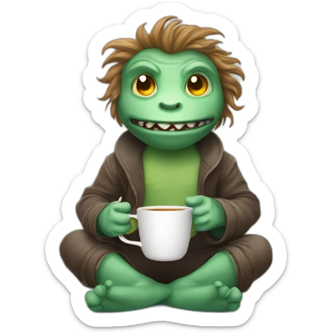 A cartoony creature sitting on floor with a cup of tea motioning  and beckoning the viewer to sit next to him sticker
