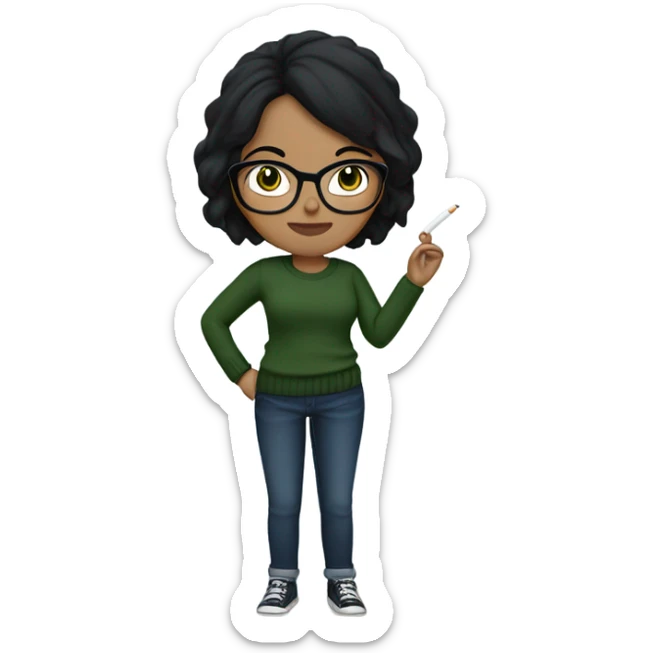 A girl smoking a cigarette with black hair, glasses, hazel eyes and a navy green sweater on with jeans sticker