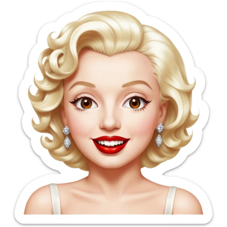 Cinematic Realistic Marilyn Monroe Emoji, featuring a glamorous, high-detail portrayal of the legendary Hollywood star. Her iconic platinum curls, radiant smile, and signature red lips are illuminated by dramatic, vintage-style lighting, evoking the timeless allure of classic cinema. sticker