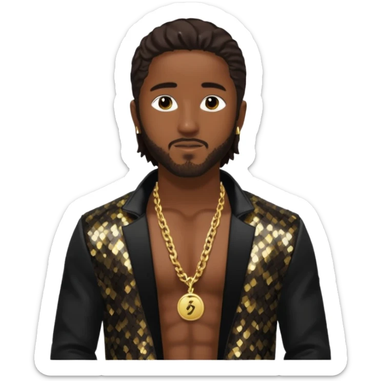 Omarion with long dark brown hair, black sequin jacket, shirtless with necklace sticker