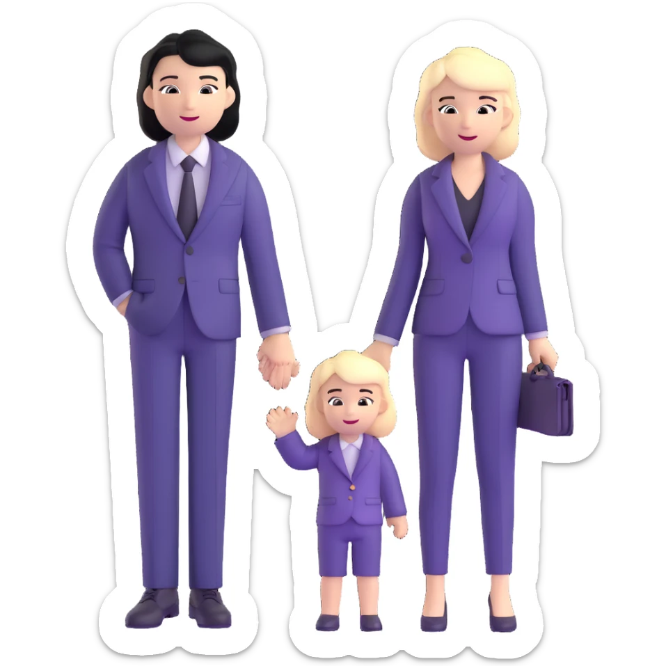 The Parr family from Incredibles in civilian clothes - Bob in business suit, Helen in casual clothes, Violet teen with black hair, Dash blonde boy, baby Jack-Jack sticker