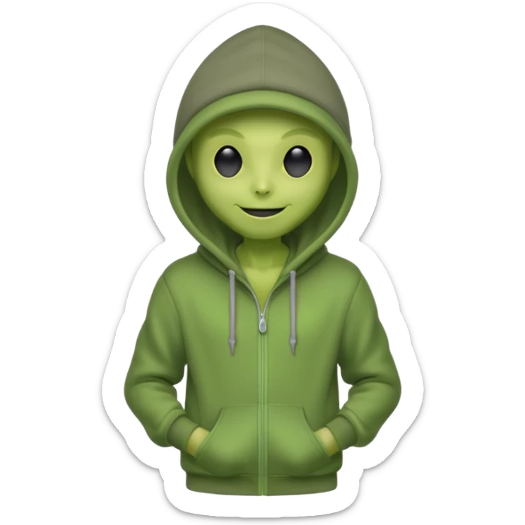 green alien in gray hoodie full height, wear hoodie hat, happy sticker
