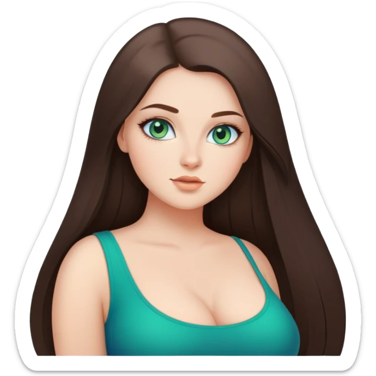 Curvy but beautiful brunette girl, blue/green eyes, pin straight super long hair, modern style sticker