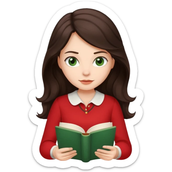 Long wavy dark brown haired, white skinned, dark green eyed girl in red blouse reading a book sticker