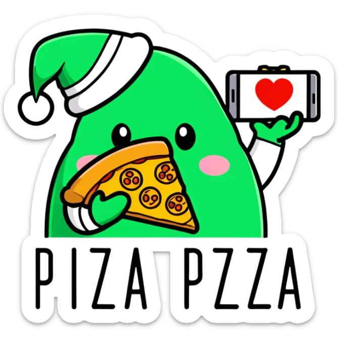 Create image Mini repo character that’s green with Bennie that says “I heart pizza” and pizza on one hand and game controller on the other hand sticker