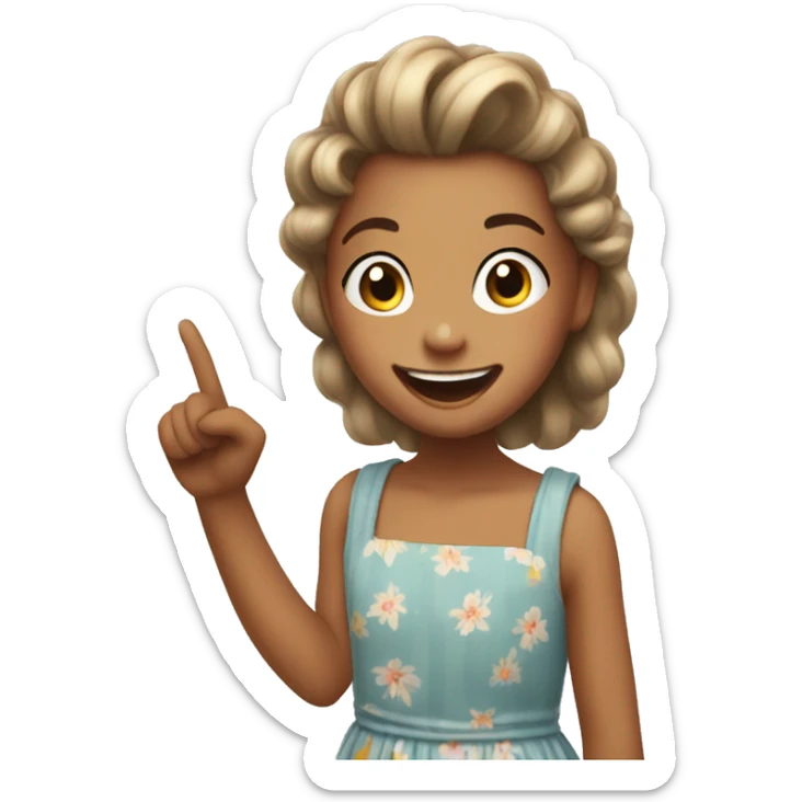 8 year old girl with buzzed hair wearing a sundress pointing and laughing at something sticker