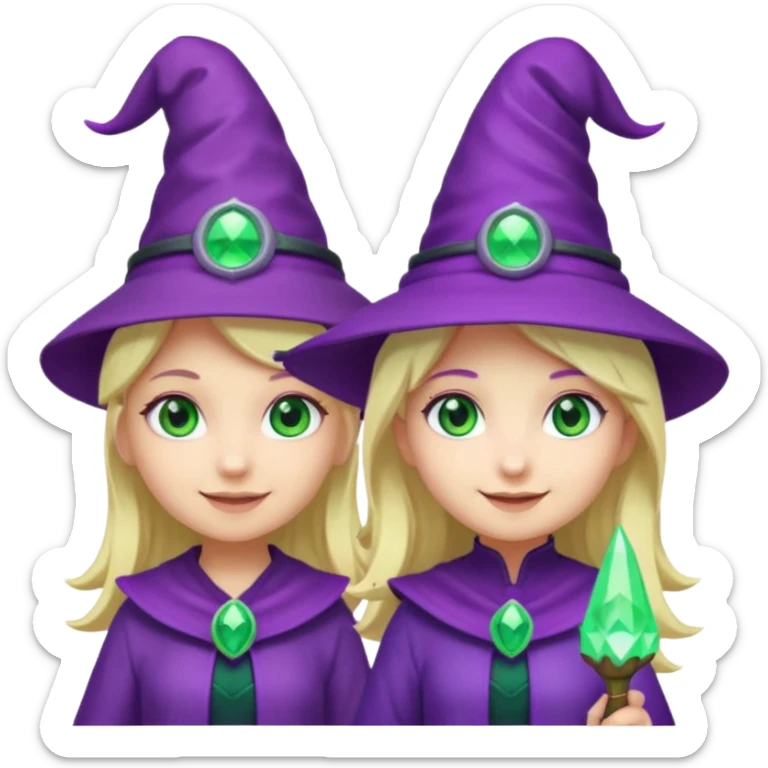Make a blonde girl with green glowing headset on with teal eyes and a purple haired girl with green eyes waering a purple wit hes hat haveing fun , make them a chibi emoji page sticker
