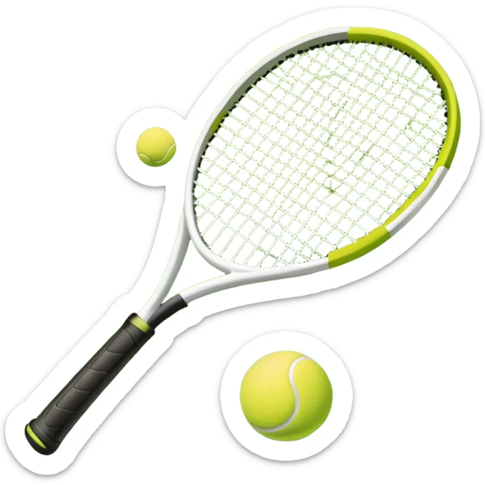 A tennis racket and a ball placed on the ground, with a tennis court in the background. The court lines and net are visible, emphasizing the structure and focus of the sport, creating a dynamic and energetic vibe. sticker