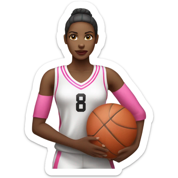 Black women with a white and pink basketball jersey on, holding a stop sign sticker
