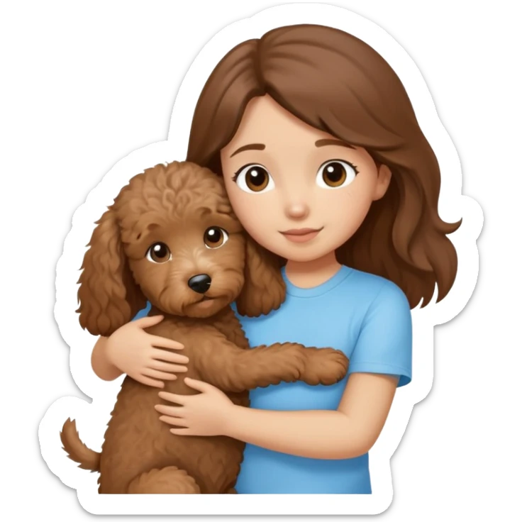 One girl with medium long brown hair dressing baby blue T-shirt, hugging One little brown coated labradoodle. sticker