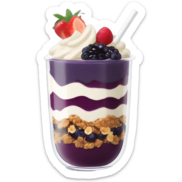 Açaí in a clear cup with layers of fruits and granola and condensed milk sticker