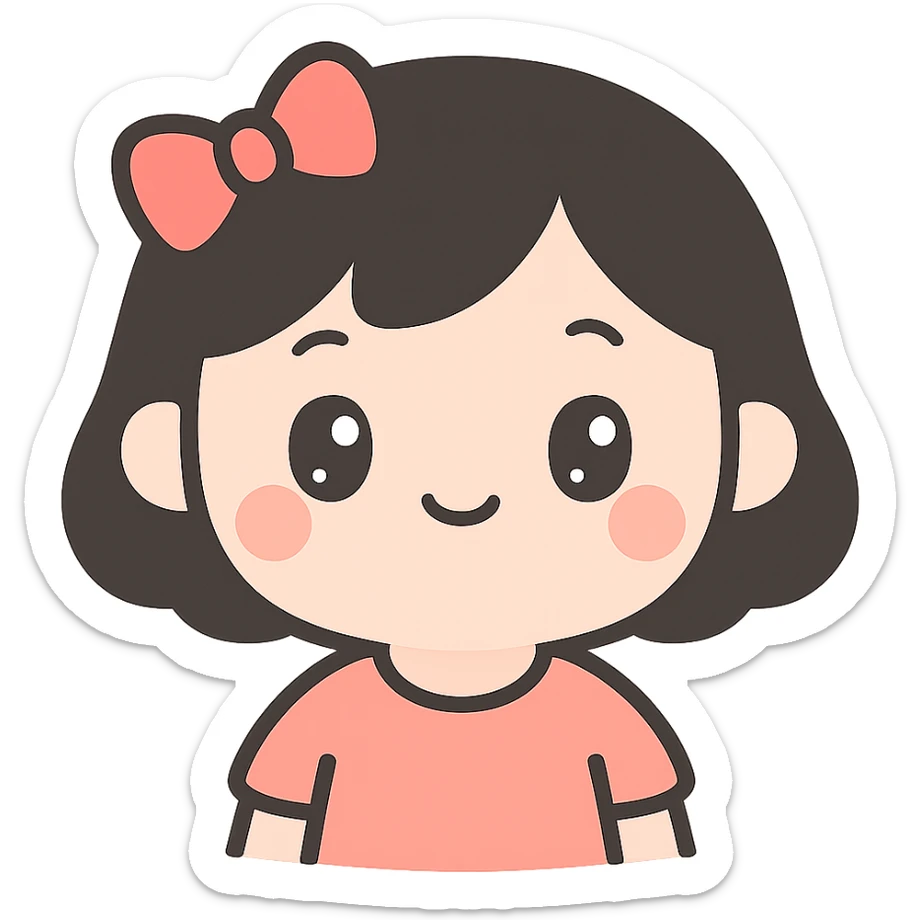 girl with white skin, short black hair, and a red bow, kawaii style sticker