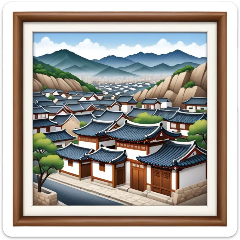 Cinematic Realistic Bukchon Hanok Village Landmark Emoji, depicted with traditional Korean houses set against a scenic backdrop rendered with detailed textures and warm, inviting lighting. sticker