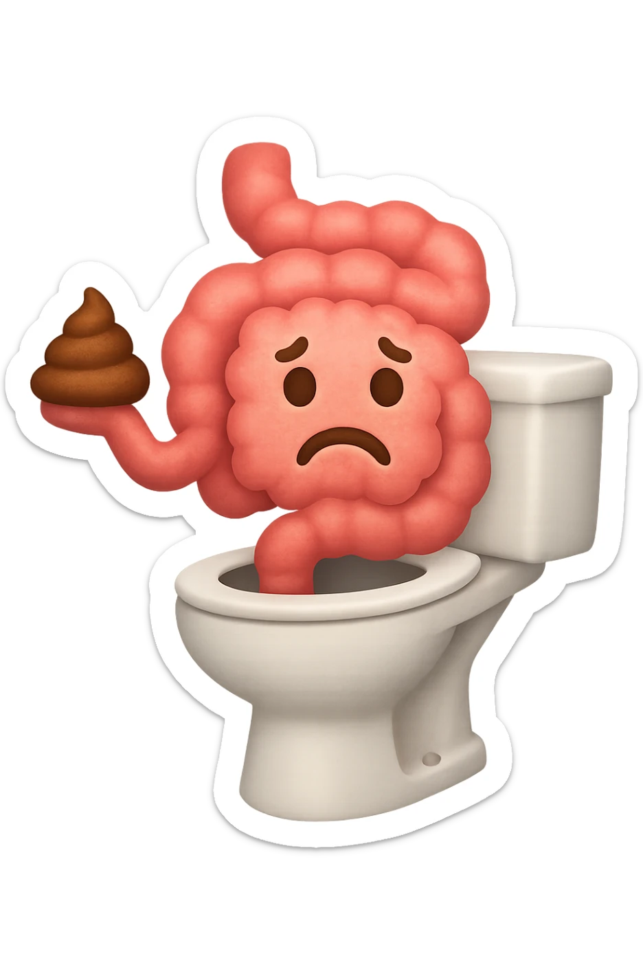 emoji stile iphone di un intestino che esce dal wc con in mano una montagnetta di feci con espressione triste a palline sticker
