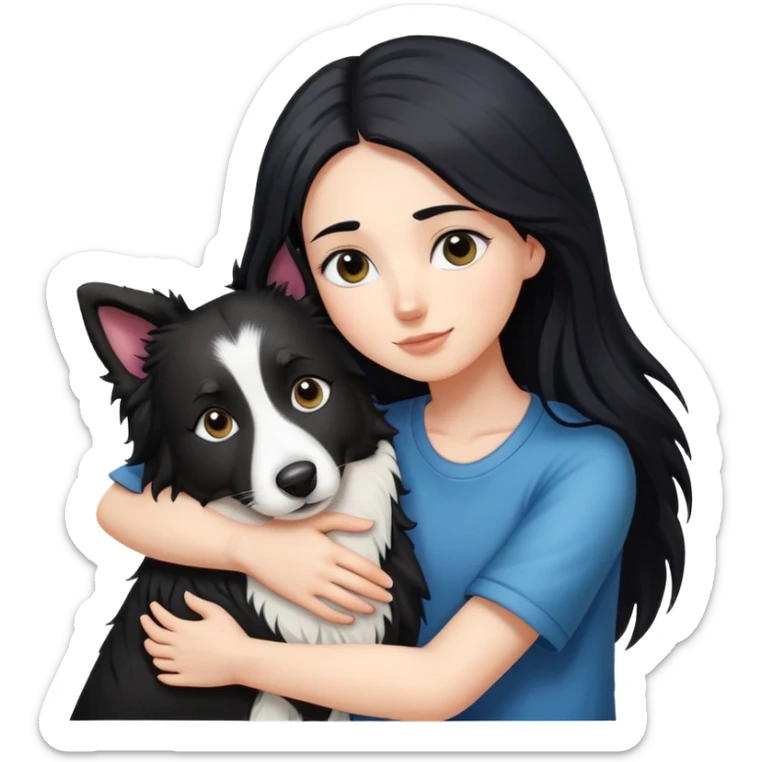 A white girl with long black  hair tightly hugged a Border Collie sticker