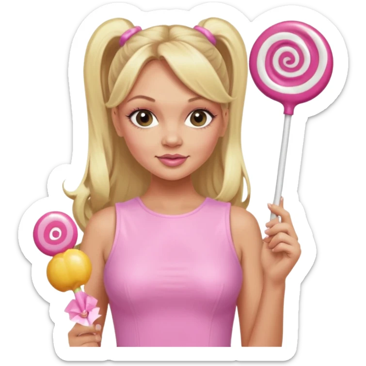 Emma Bunton with long blonde ponytails wearing light pink bodycon dress holding a lollipop sticker