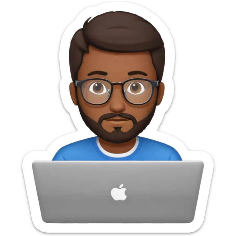 23 year old Azerbaijani man with very dark brown hair and beard with glasses and laptop sticker