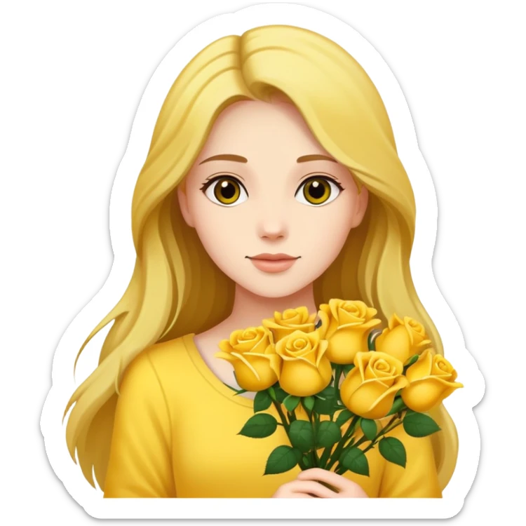 Beautiful girl with long hair holding a bouquet of yellow roses sticker