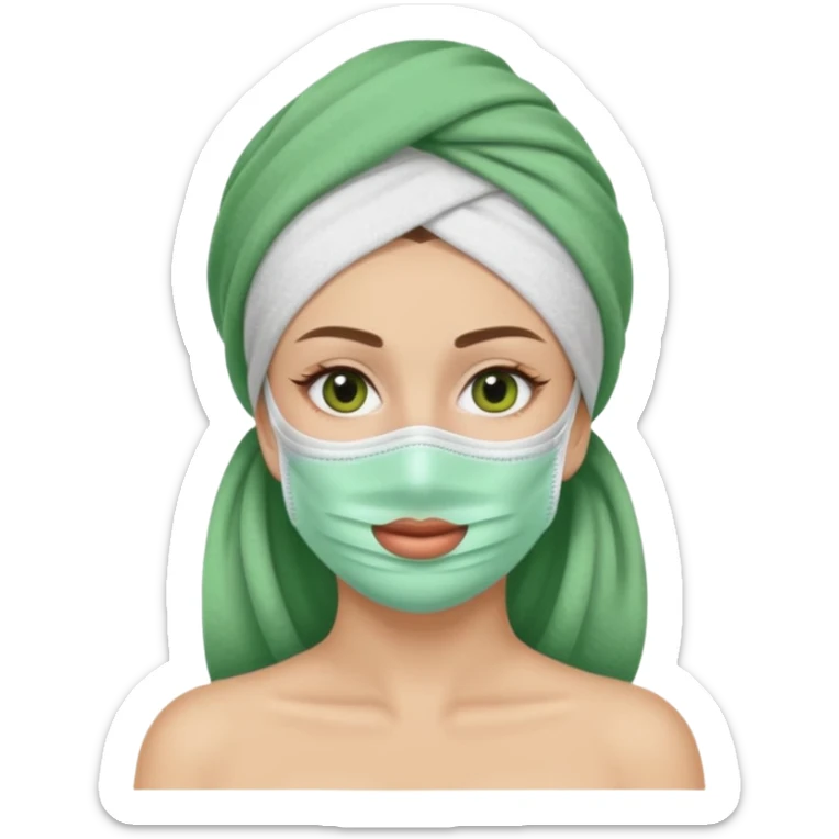 Una mujer con una toalla reliada en la cabeza y una mascarilla de belleza  sticker
