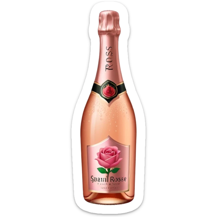 bottle of sparkling rosé champagne with a rose logo on the label, tilted up and to the left, no glass sticker
