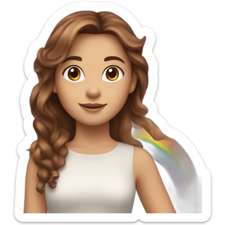 Girl with brown straight hair past shoulders and brown eyes riding a rainbow haired unicorn  sticker