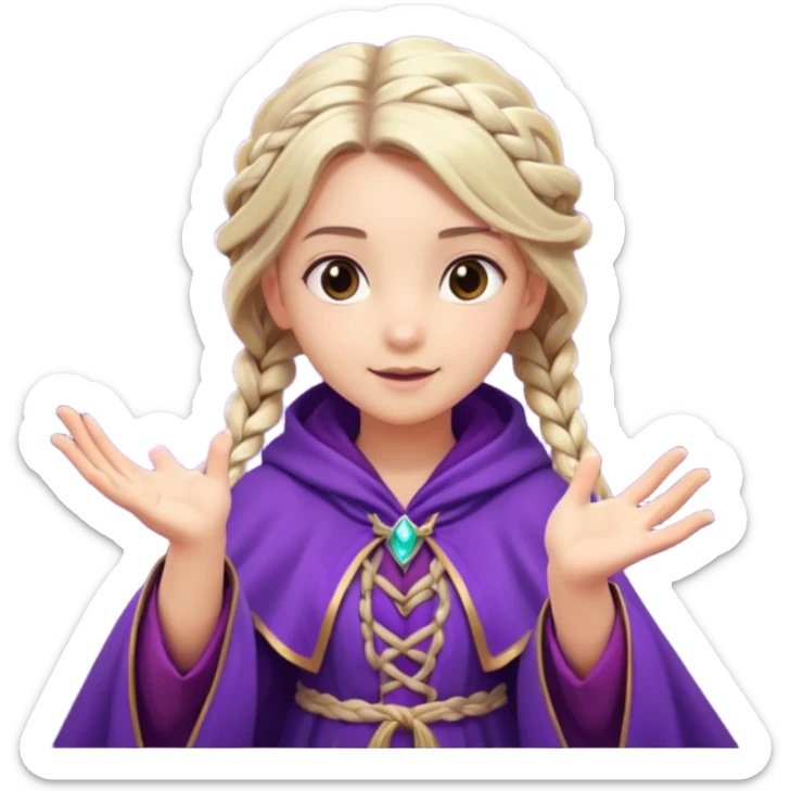 A playful mage girl with braids, purple cloak, and magic swirling around her hands.
 sticker