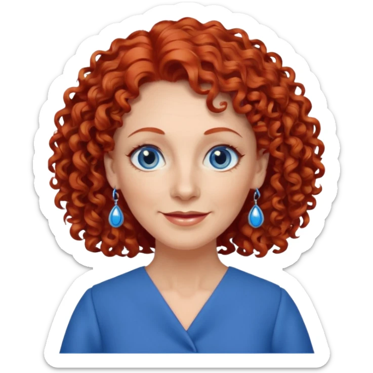 una profesora mayor simpática con el pelo rojo rizado, ojos azules, vestido azul y pendientes azules sticker