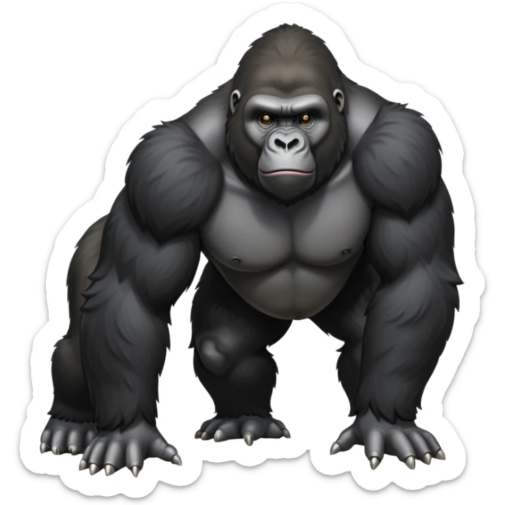 cinematic-gorilla-realistic-full-body-standing on all fours-emoji,-broad-and-powerful-frame-poised-with-confidence,-massive-arms-hanging-slightly-forward,-head-tilted-thoughtfully,-thick-black-fur,-deep-dark-eyes-full-of-intelligence,-simplified-yet-realistic sticker
