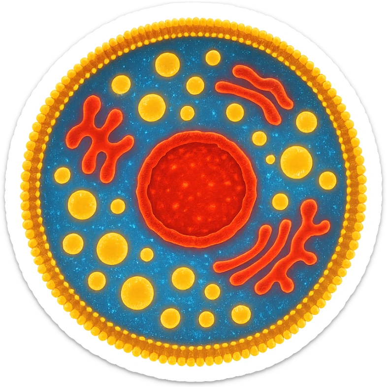 Zelle, deren Inhalt leuchtet in verschiedenen Farben (z. B. blau für Wasser, rot für Proteine, gelb für Lipide sticker