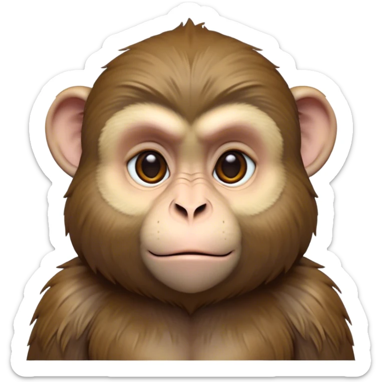 Cinematic Noble Macaque Portrait Emoji, Poised and regal, with a smart, agile build and expressive, deep-set eyes, adorned with soft, detailed fur and a dignified expression, Simplified yet sharp and sophisticated features, highly detailed, glowing with a soft, natural radiance, high shine, intelligent and commanding, stylized with an air of primate nobility, focused and alert, soft glowing outline, capturing the essence of a watchful and confident guardian that appears ready to leap out of the screen with effortless authority! sticker